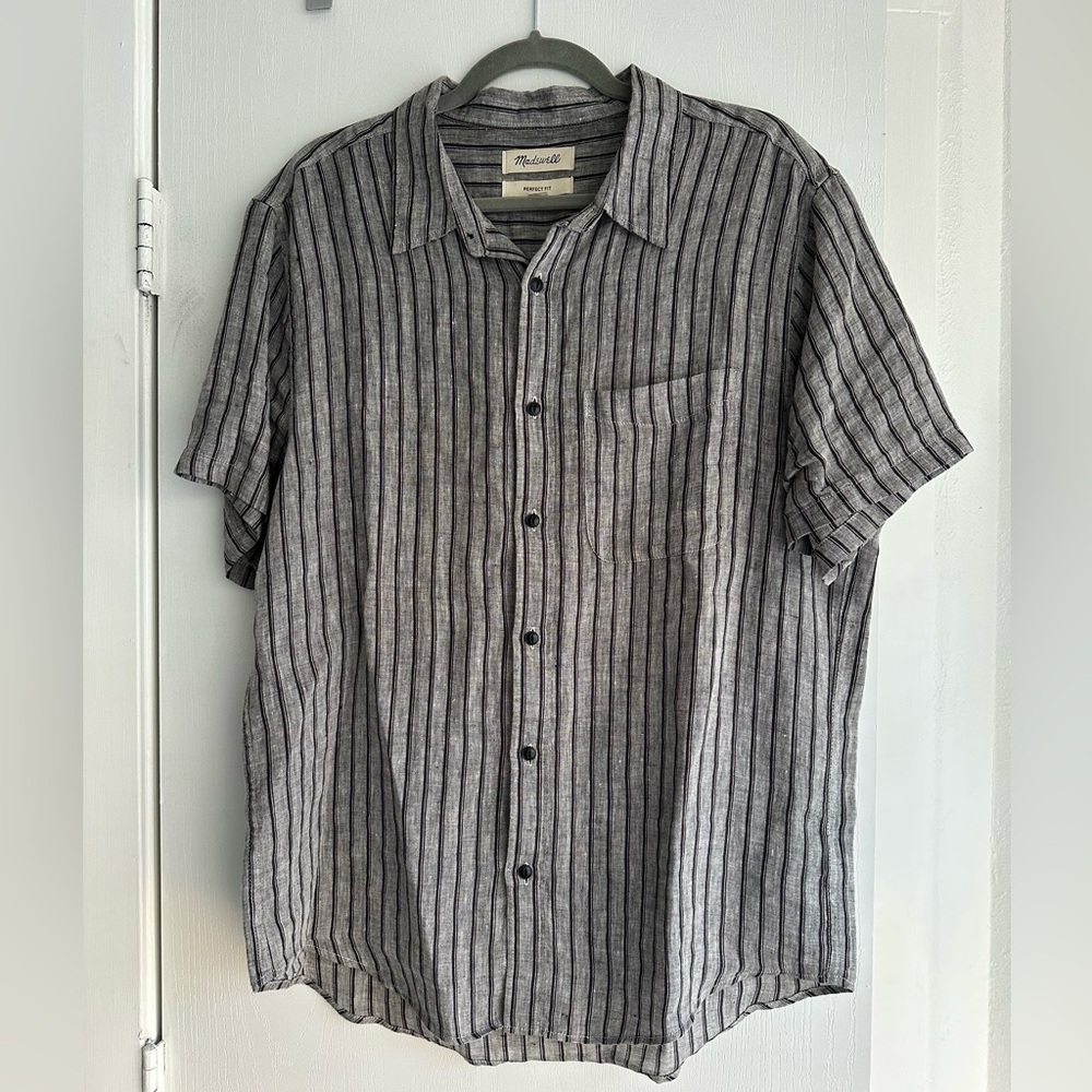 Madewell Men's Black and Gray Striped Linen Shirt